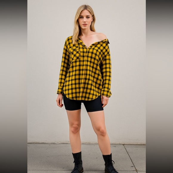 Love + Harmony off shoulder plaid shirt small - Picture 2 of 6